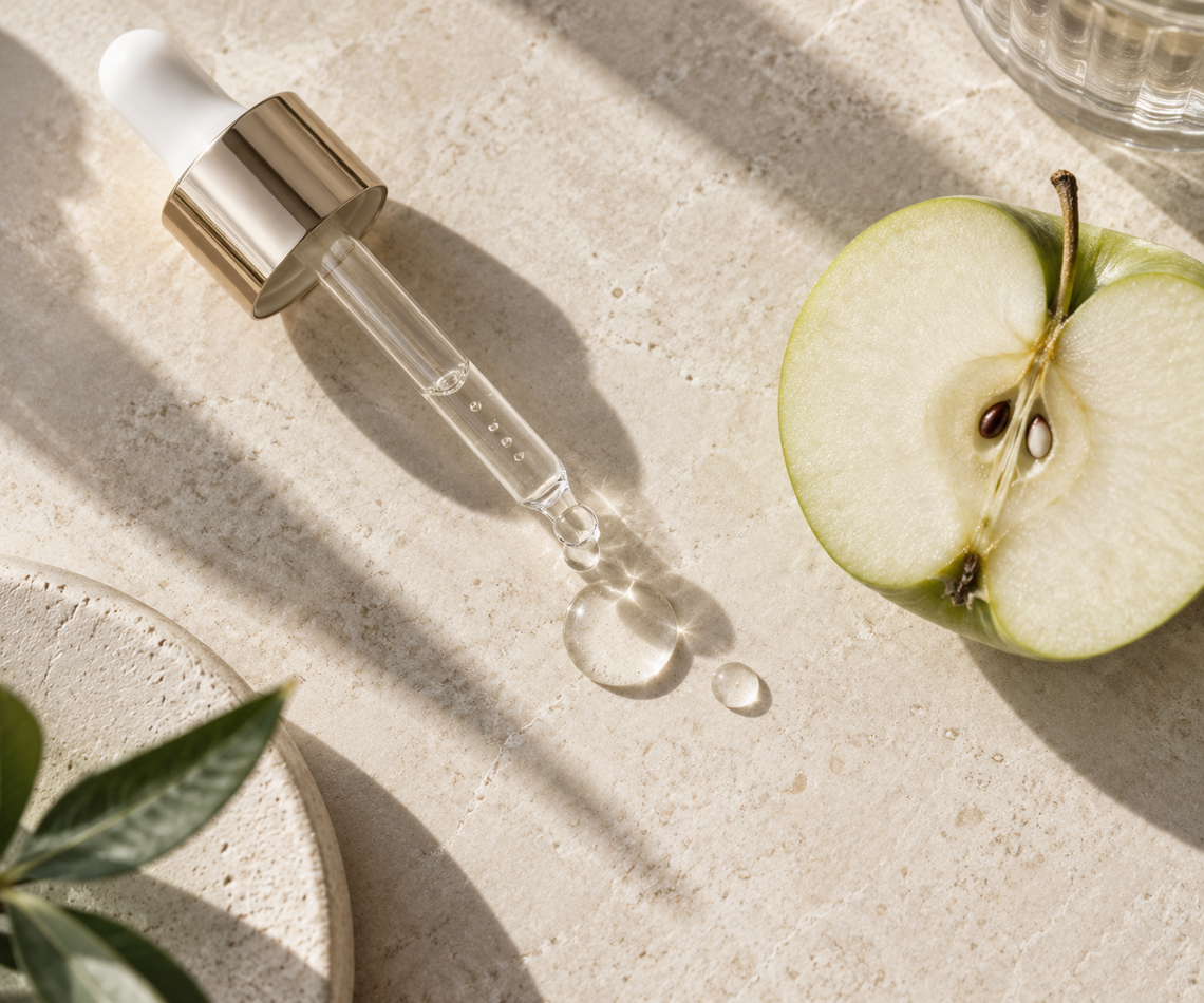 Serumpipette mit Tropfen und halbierter Apfel als Sinnbild für pflanzliche Exosomen
